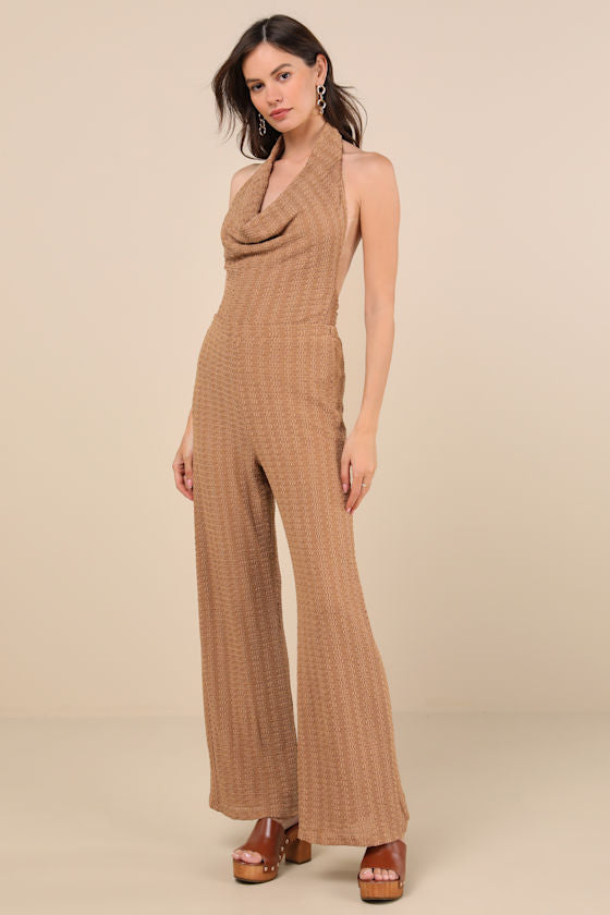 Cove Light Brown Textured High-Rise Pants