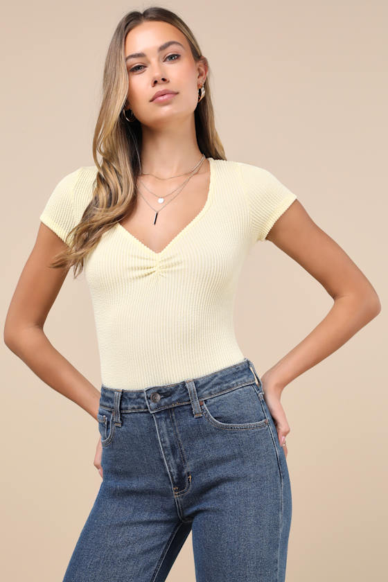 Required Style Pale Yellow Textured Ribbed Ruched Bodysuit