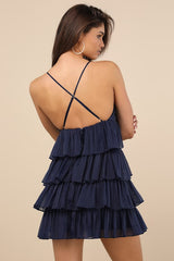The Party's Tier Navy Organza Tiered Backless Mini Dress