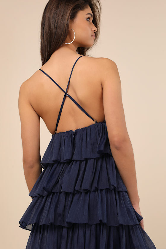 The Party's Tier Navy Organza Tiered Backless Mini Dress