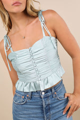 Elliena Mint Satin Ruched Tie-Strap Peplum Crop Top