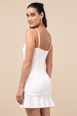 Compelling Composure White Sleeveless Ruffled Bodycon Mini Dress