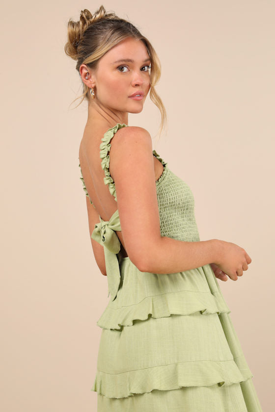 Super Sweet Lime Green Smocked Ruffled Tie-Back Mini Dress