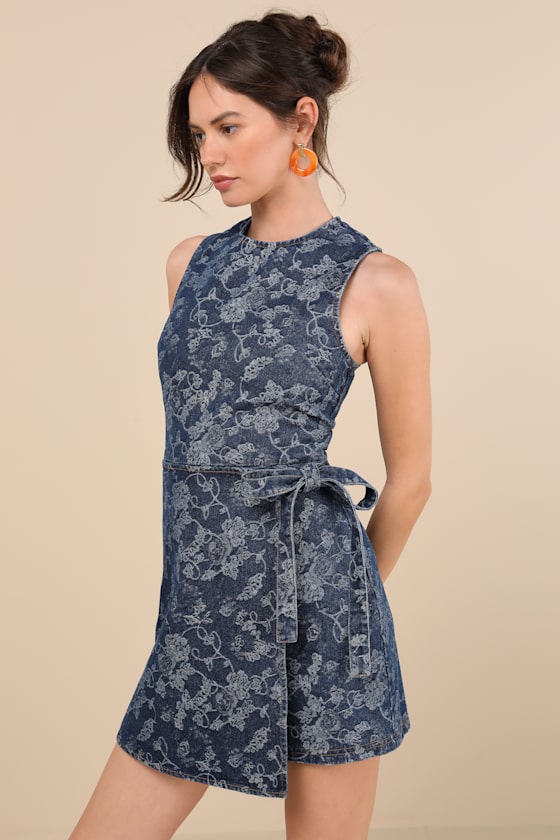 Albena Dark Wash Floral Denim Sleeveless Mini Wrap Dress