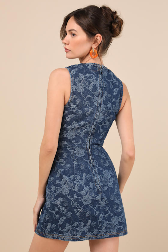 Albena Dark Wash Floral Denim Sleeveless Mini Wrap Dress