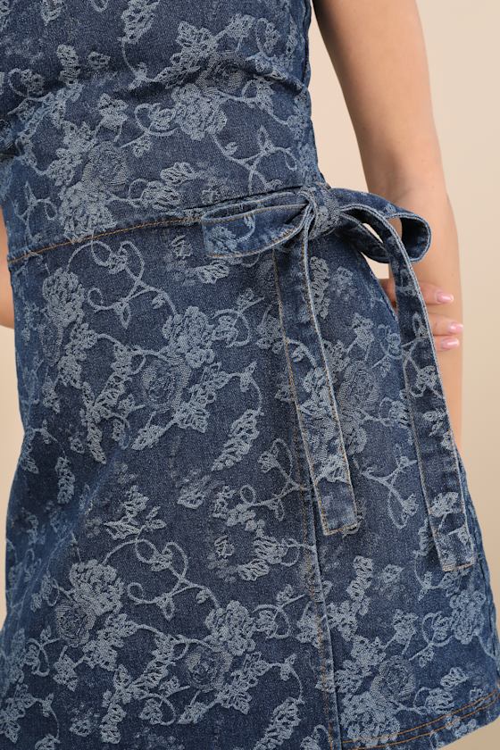 Albena Dark Wash Floral Denim Sleeveless Mini Wrap Dress