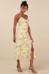 Dreamy Personality Yellow Floral Ruffled Sleeveless Midi Dress