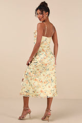 Dreamy Personality Yellow Floral Ruffled Sleeveless Midi Dress