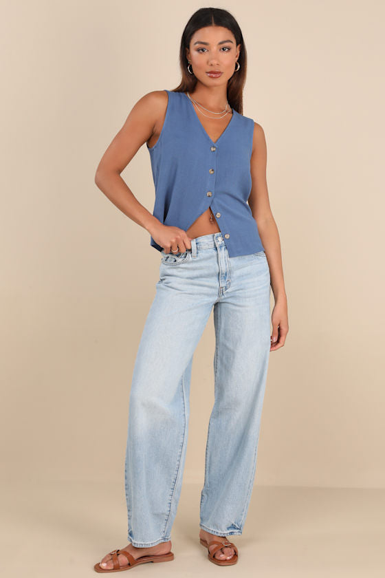 Casually Sophisticated Blue Linen Button-Front Top