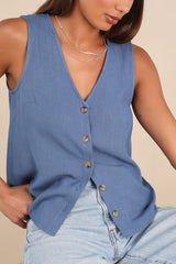 Casually Sophisticated Blue Linen Button-Front Top