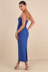 Late Night Crush Royal Blue Mesh Ruched Strapless Midi Dress