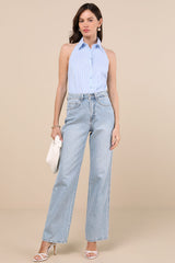 Aeres Blue Pinstriped Button-Front Collared Halter Bodysuit