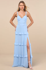 Sincerely Poised Light Blue Backless Bustier Tiered Maxi Dress