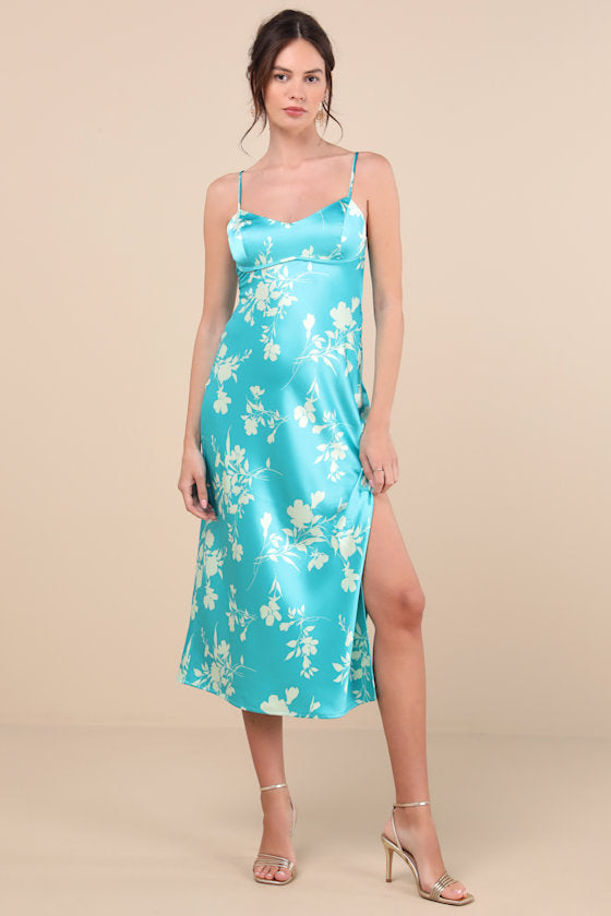 Glamorous Efforts Aqua Floral Print Tie-Back Midi Dress