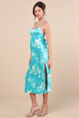 Glamorous Efforts Aqua Floral Print Tie-Back Midi Dress