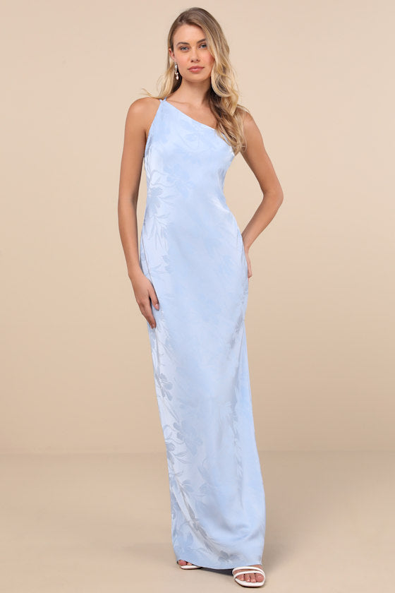 Nadra Light Blue Satin Jacquard One-Shoulder Maxi Dress