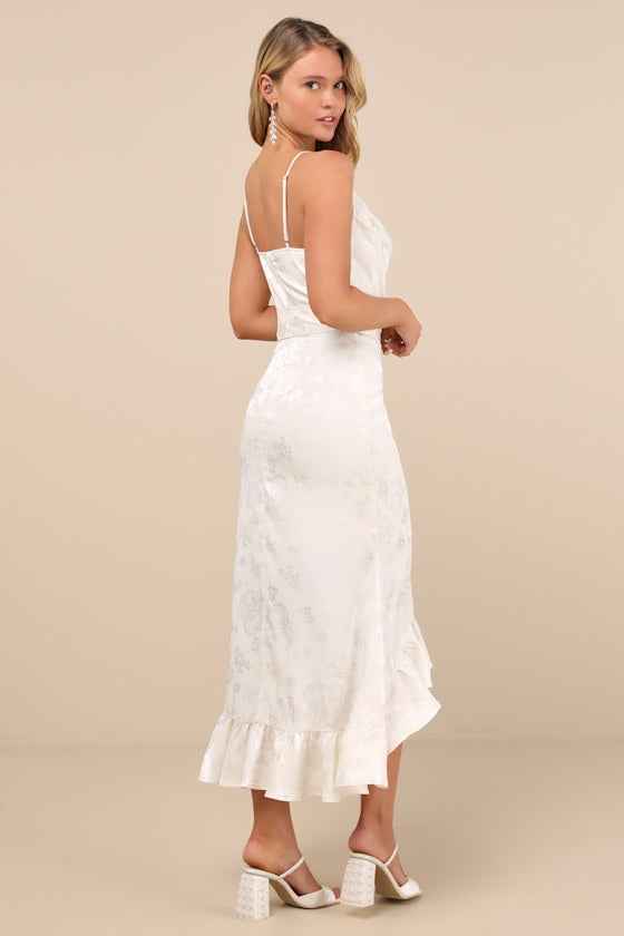 Modern Passion Ivory Floral Satin Jacquard Ruffled Midi Dress