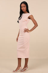 Chic Existence Ivory and Orange Striped Backless Midi Dress