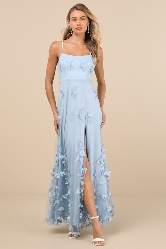 Abundant Charm Light Blue 3D Floral Applique Maxi Dress