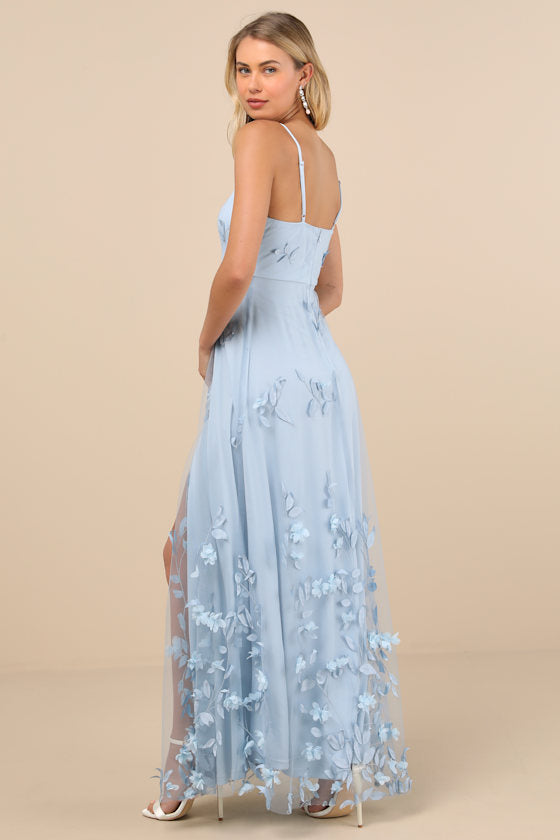 Abundant Charm Light Blue 3D Floral Applique Maxi Dress