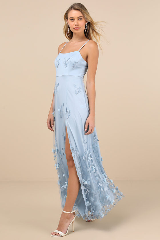 Abundant Charm Light Blue 3D Floral Applique Maxi Dress