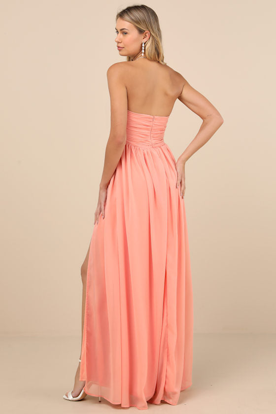 Luxe Favorite Peach Pink Strapless Ruched Maxi Dress