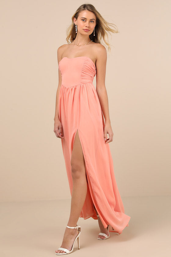 Luxe Favorite Peach Pink Strapless Ruched Maxi Dress