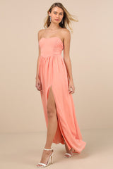 Luxe Favorite Peach Pink Strapless Ruched Maxi Dress