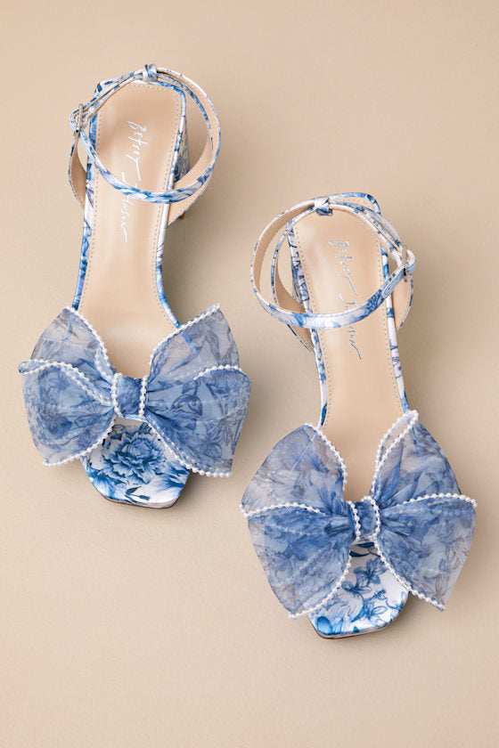SB-Duke Blue Floral Bow High Heel Ankle Strap Sandals
