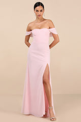 Magical Magnetism Light Pink Off-the-Shoulder Maxi Dress