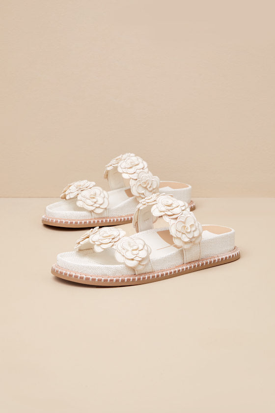Sherla White Raffia Floral Applique Slide Sandals