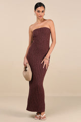 Koko Brown Ribbed Knit Strapless Maxi Dress