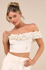 Rowena Cream Embroidered Ruffled Crop Top