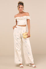 Rowena Cream Embroidered Ruffled Crop Top