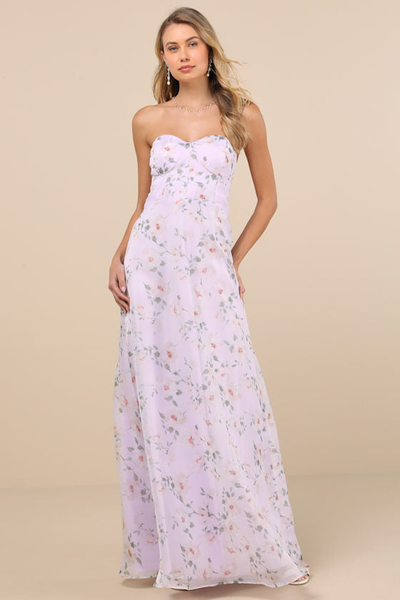 Chic Preciousness Lavender Floral Organza Bustier Maxi Dress