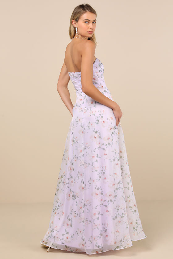 Chic Preciousness Lavender Floral Organza Bustier Maxi Dress