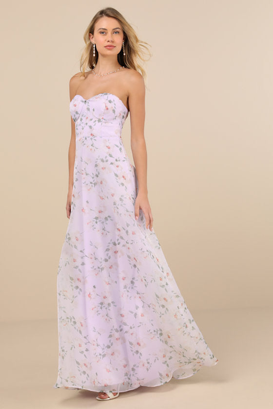 Chic Preciousness Lavender Floral Organza Bustier Maxi Dress