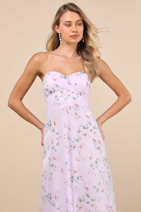 Chic Preciousness Lavender Floral Organza Bustier Maxi Dress