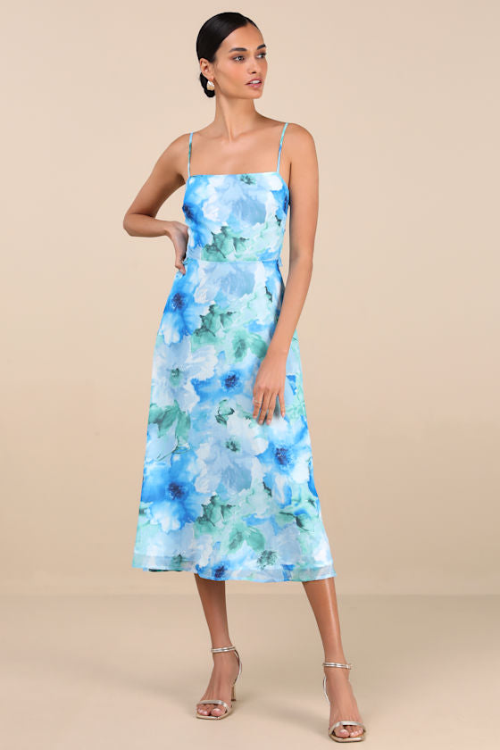 Radiant Feelings Blue and Green Floral Chiffon Midi Dress