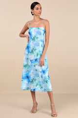 Radiant Feelings Blue and Green Floral Chiffon Midi Dress