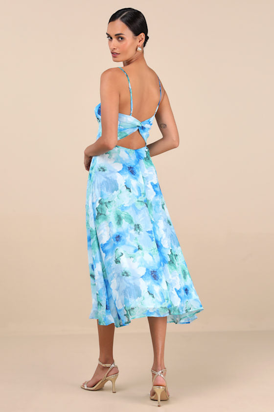 Radiant Feelings Blue and Green Floral Chiffon Midi Dress