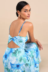 Radiant Feelings Blue and Green Floral Chiffon Midi Dress