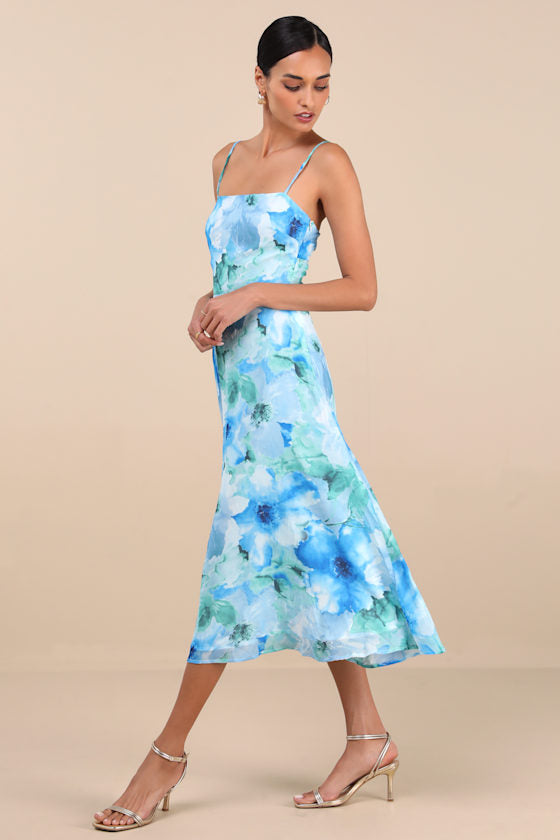Radiant Feelings Blue and Green Floral Chiffon Midi Dress