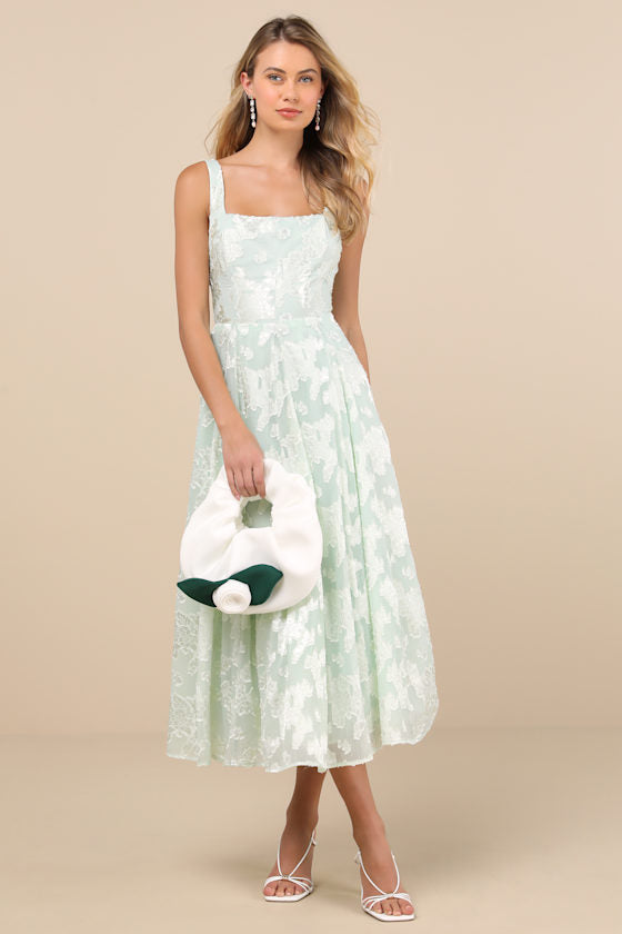 Loira Mint Burnout Jacquard Lace-Up Midi Dress