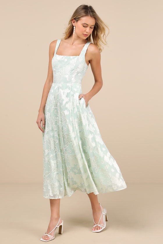 Loira Mint Burnout Jacquard Lace-Up Midi Dress