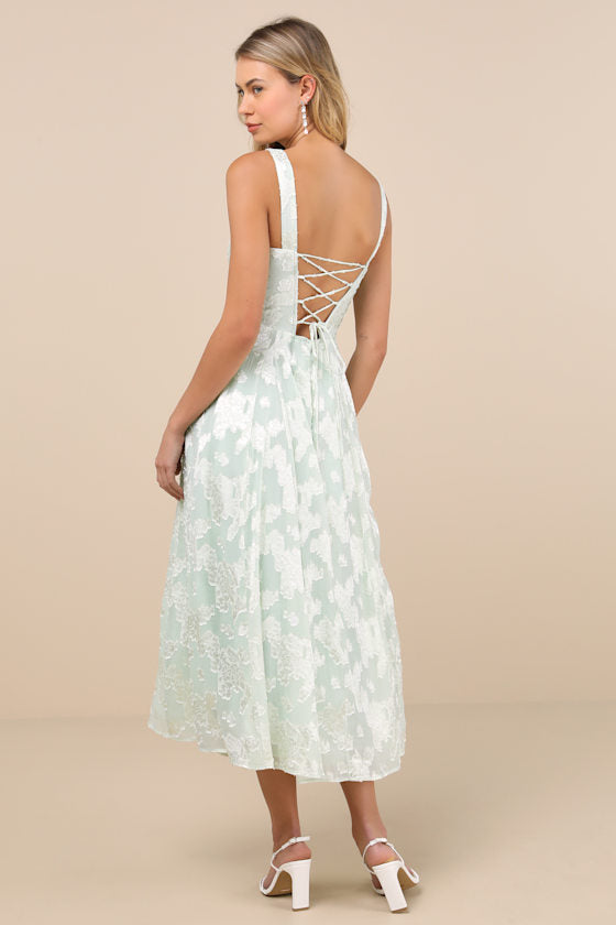 Loira Mint Burnout Jacquard Lace-Up Midi Dress