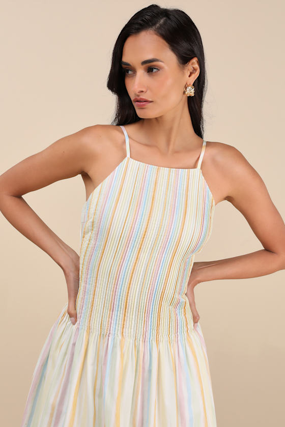 Jalessa Light Yellow Multi Striped Drop Waist Midi Dress