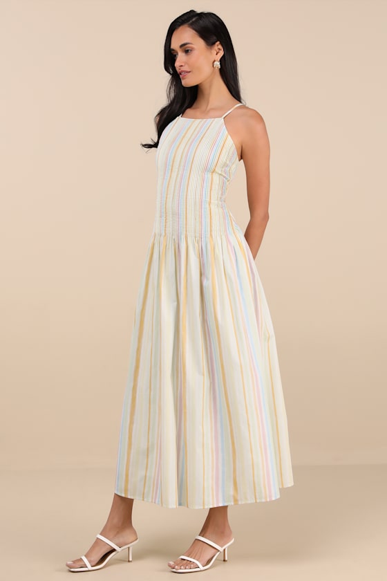 Jalessa Light Yellow Multi Striped Drop Waist Midi Dress