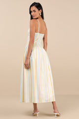 Jalessa Light Yellow Multi Striped Drop Waist Midi Dress