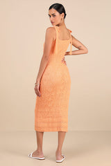 Adorable Darling Orange Crochet Tie-Strap Midi Dress